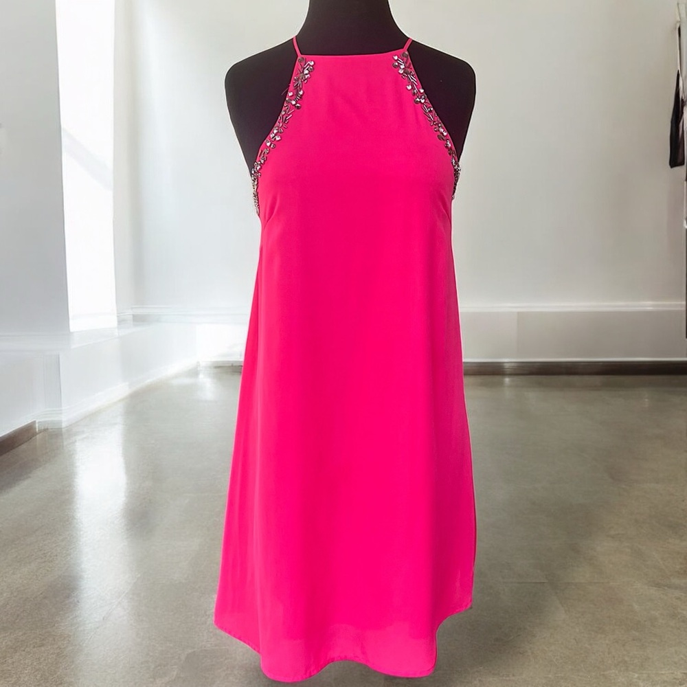Ya Los Angeles Pink Halter Shift Mini Dress W/Jewel Embellishments | Women’s S
